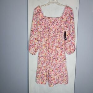 As U Wish Milkmaid Midi Dress L Smocked Puff Sleeve Floral Tiered Boho Peasant